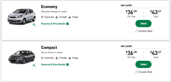 Screenshot of page to select a vehicle